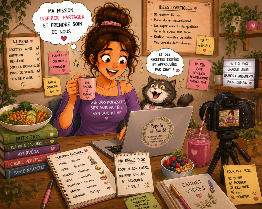 blog Popote et Santé, jeune femme avec son chat devant son ordinateur et travaillant sur son blog