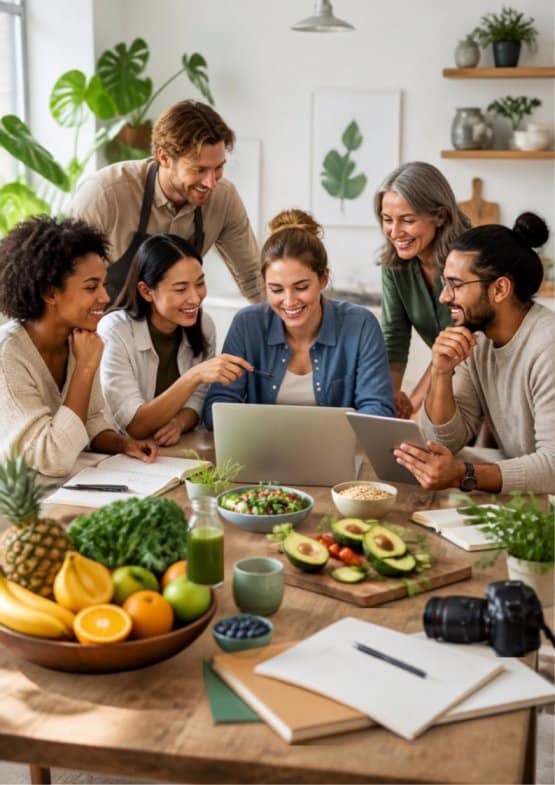 communauté de plusieurs personnes mettant en commun des idées autour d'une table pour alimenter un blog