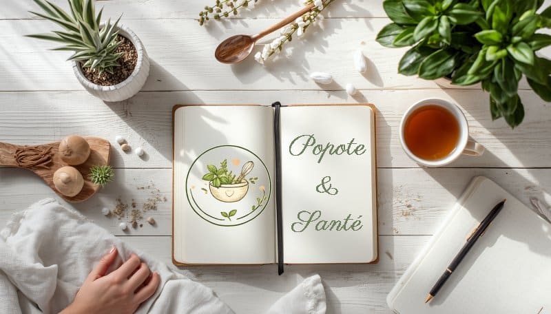 table en bois blanc sur laquelle est déposé un livre, une tasse de thé et des plantes vertes