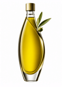 bouteille d'huile d'olive en verre décorée d'une branche d'olivier