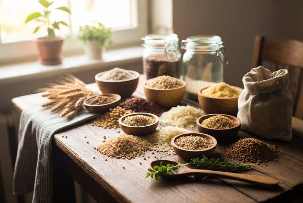 différentes céréales dans des bols en bois posés sur une table de cuisine. ambiance chaleureuse