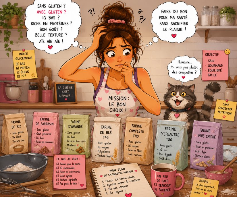 jeune femme dans sa cuisine avec différentes sorte de farines et qui doit faire le bon choix pour sa recette