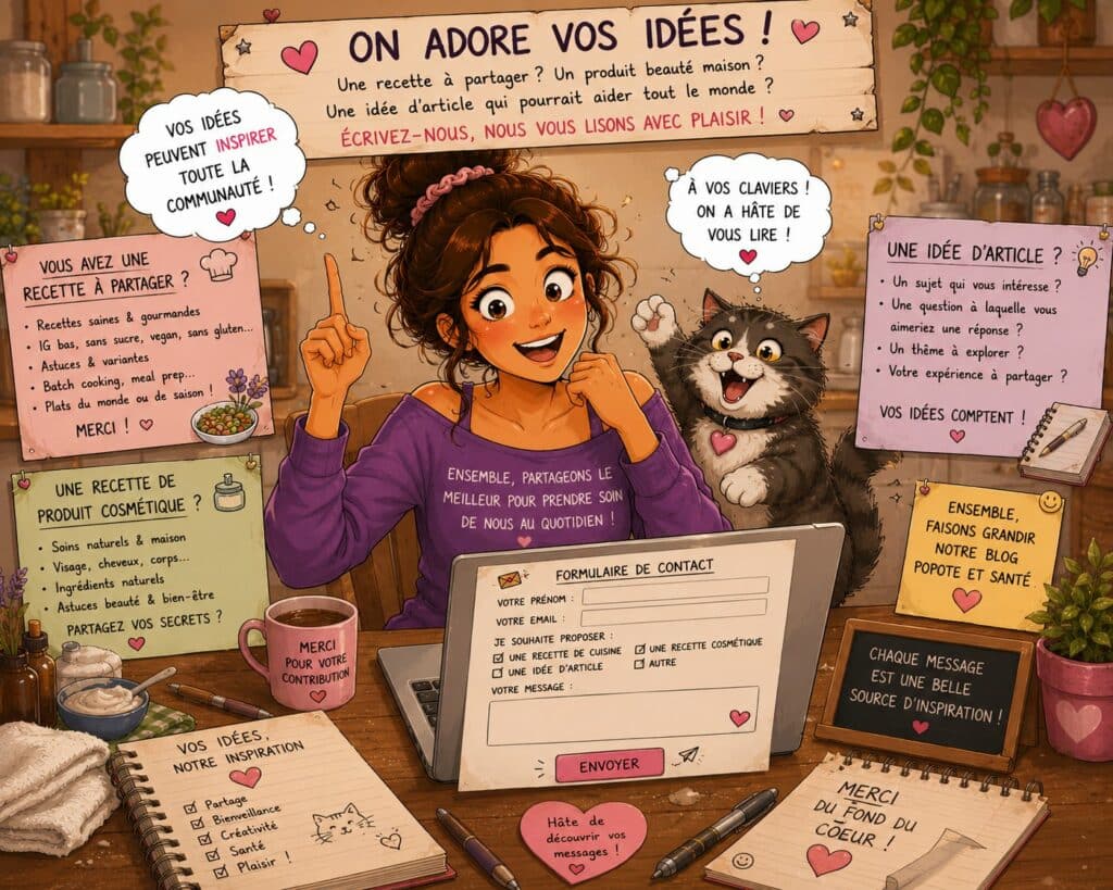 jeune femme devant son ordinateur avec son chat qui sollicite des idées pour son blog. Ton humorisitique