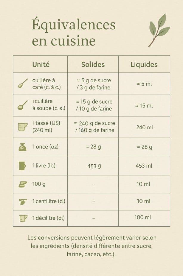 tableau utilisé pour les conversions en cuisine selon qu'il s'agisse de liquides ou de solides