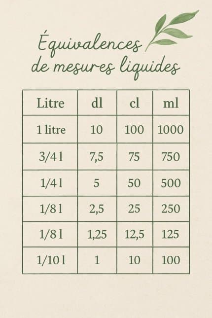 tableau de conversion des liquides utilisé pour les recettes de cuisine