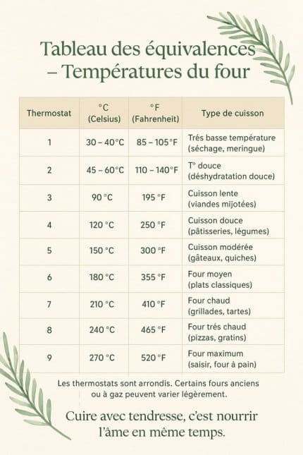 tableau de conversion des températures du four utilisé en cuisine
