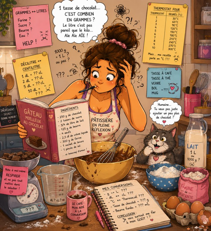 jeune femme attablée dans sa cuisine et essayant à tout pris de convertir les grammes en litres pour faire sa recette de gâteau au chocolat