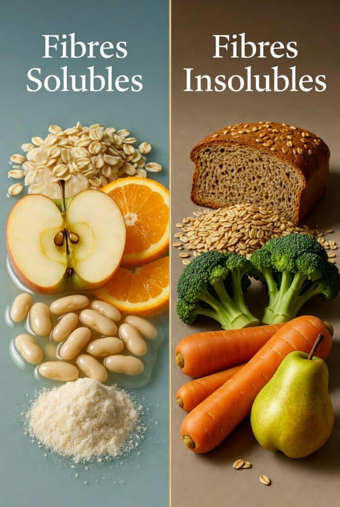 photos d'aliments. Sur la partie gauches aliments avec des fibres solubles et à droite fibres insolubles