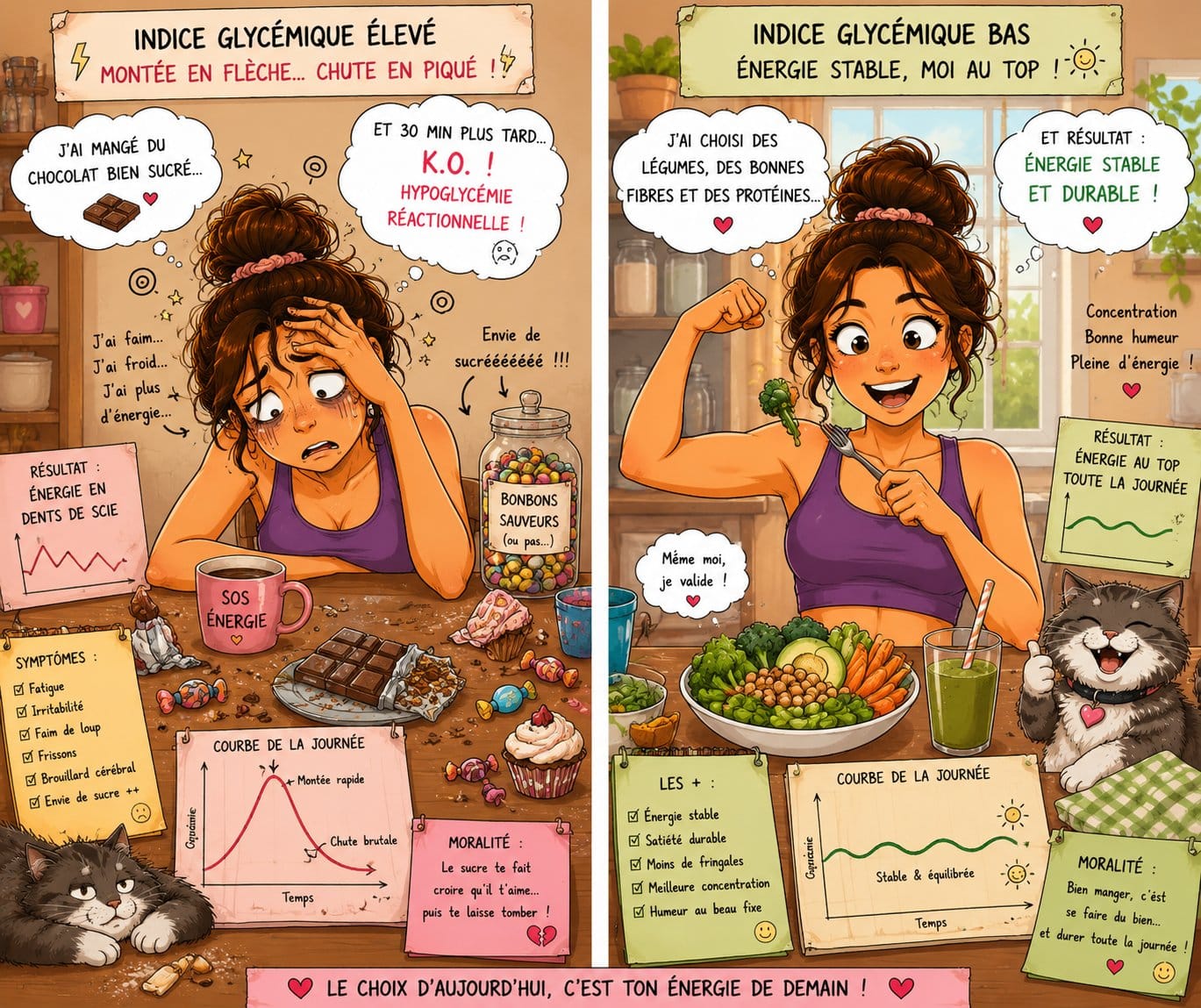 Jeune femme qui d'un côté de l'image a consommé des aliments avec indices glycémique élevé et qui est épuisée, et de l'autre côté même jeune femme ayant consommé des fibres et des protéines et qui est en pleine forme