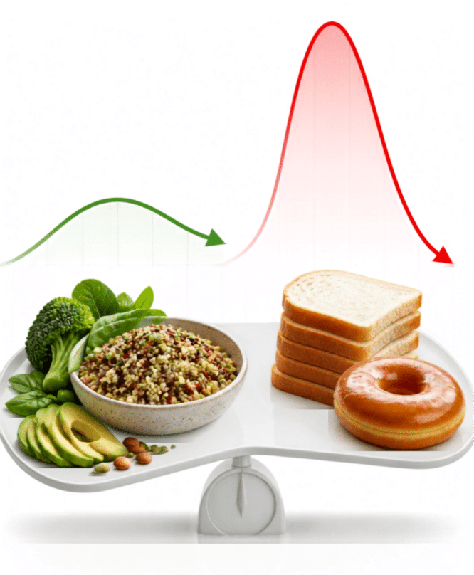 balance blanche sur laquelle se trouve d'un côté des aliments dont l'indice glycémique est faible et de l'autre des aliments dont l'indice glycémique est élevé.