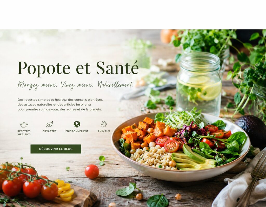infographie Popote et Santé Assiette de légumes bio de saison crus, avec plantes aromatiques sur une table en bois