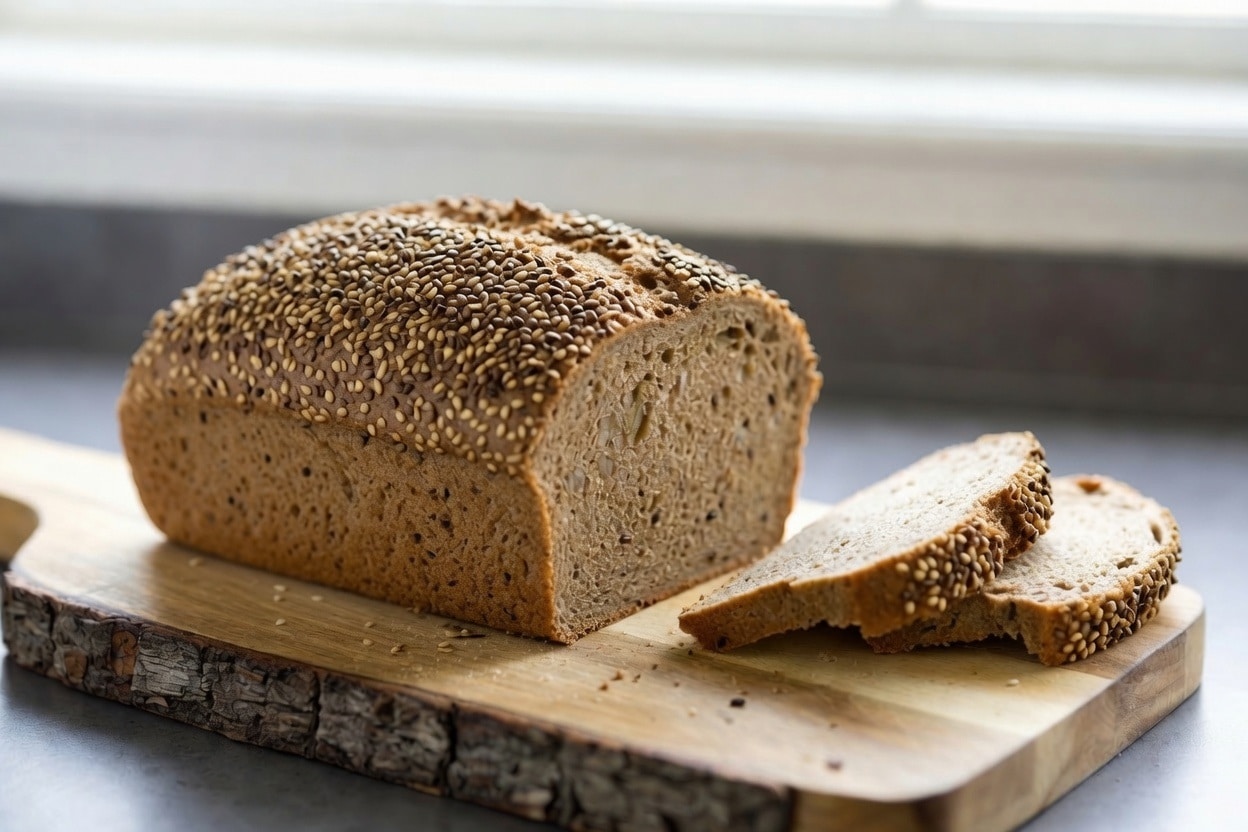 pain sans gluten fait maison posé sur une planche à pain en bois