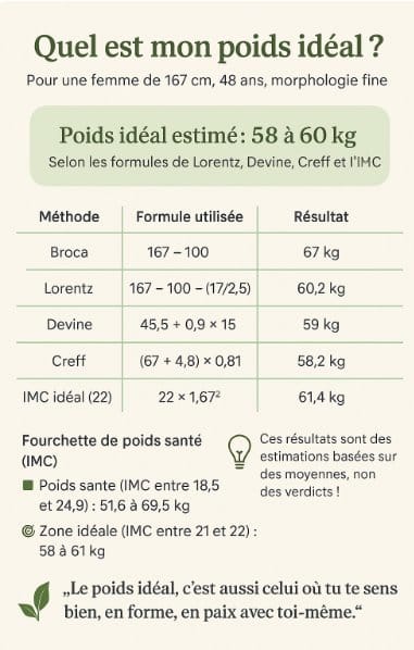 tableau récapitulatif de calcul du poids idéal selon plusieurs méthodes