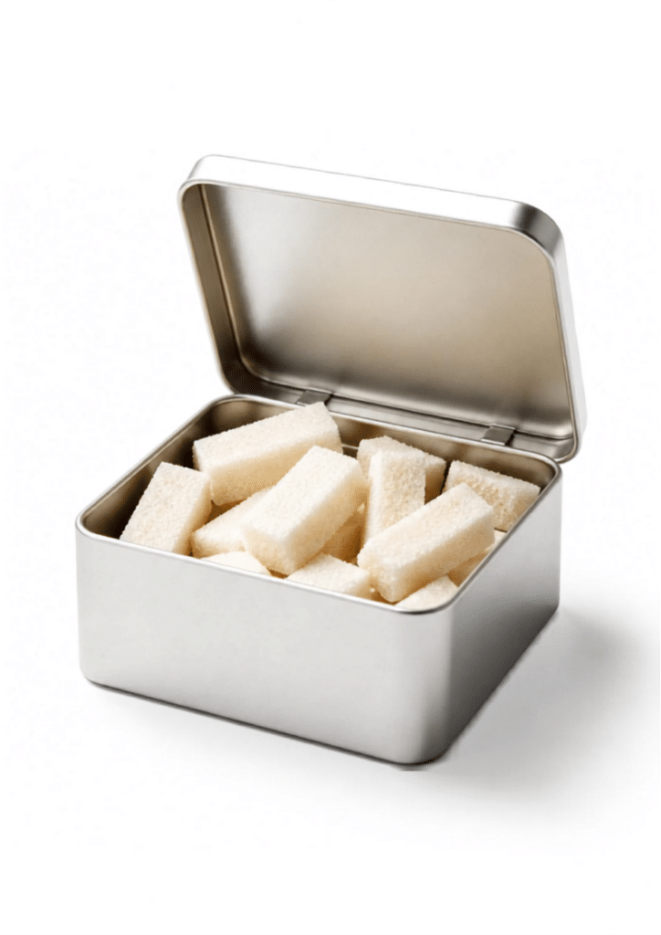 morceaux de sucre dans une boîte en fer argentée