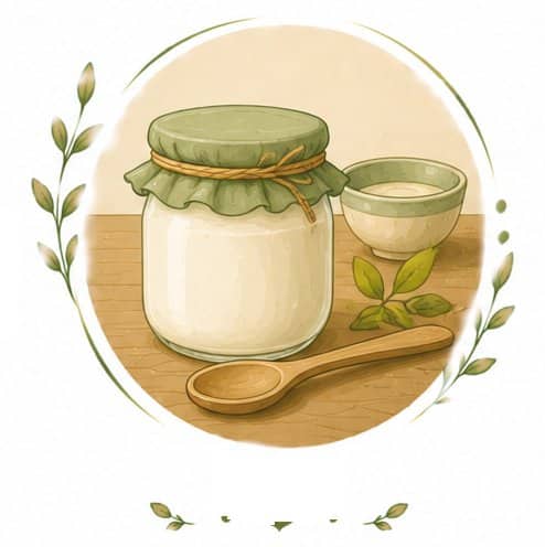 yaourts sans lactose maison avec bol et cuillère en bois posées sur une table
