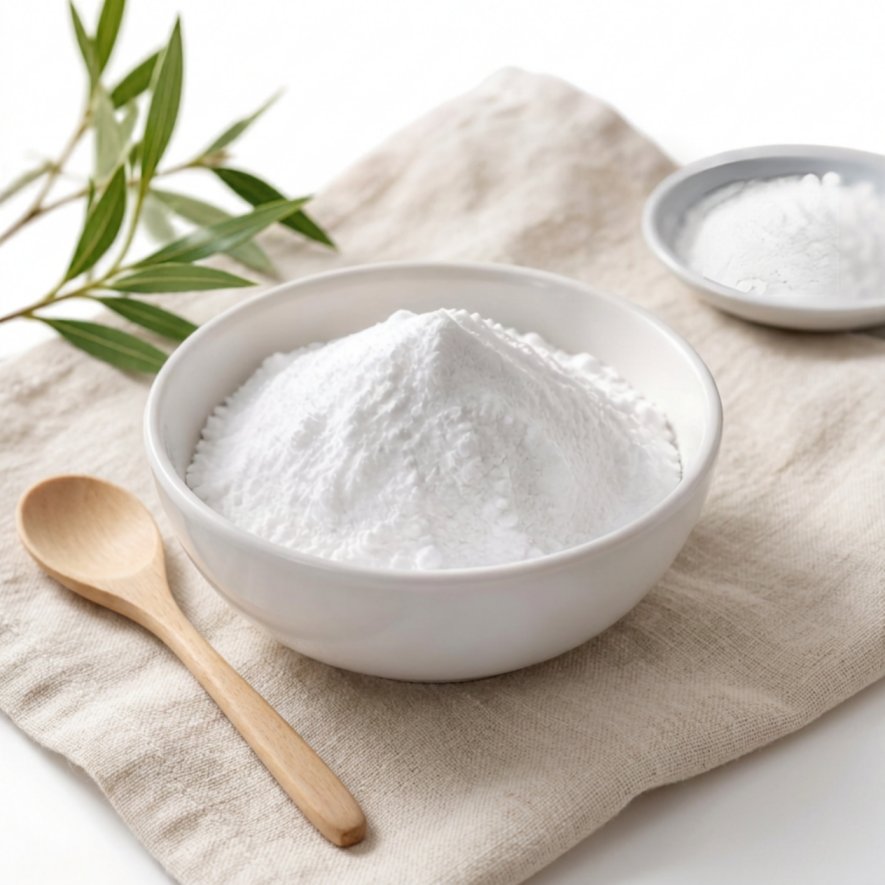 bicarbonate de soude dans une coupelle blanche posée sur une table avec cuillère en bois