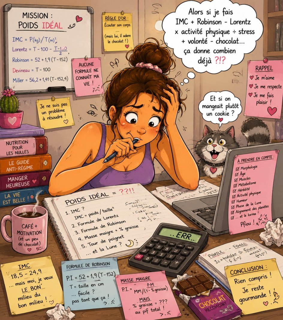 infographie humoristique du calcul du poids idéal. Jeune femme réfléchissant à son bureau et effecuant des calculs savants