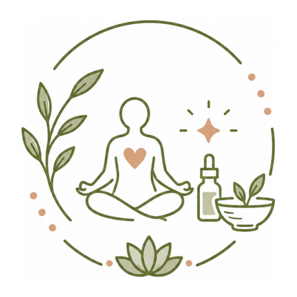 logo secondaire, personne en méditation entourée d'huiles esserntielles