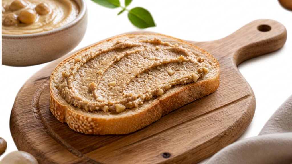 tranche de pain avec la crème de noix de macadamia sur une planche de pain