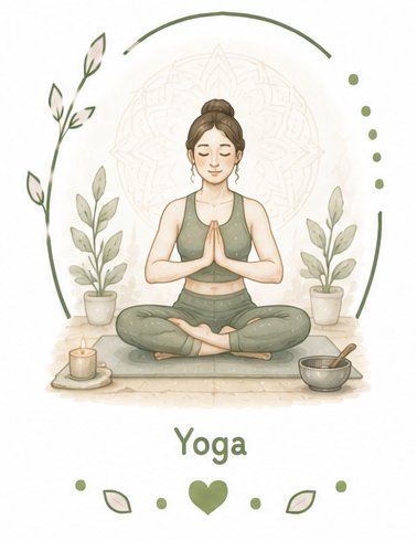 jeune femme pratiquant le yoga, mains jointes assise sur un tapis, entourée d'une bougie et de plantes vertes